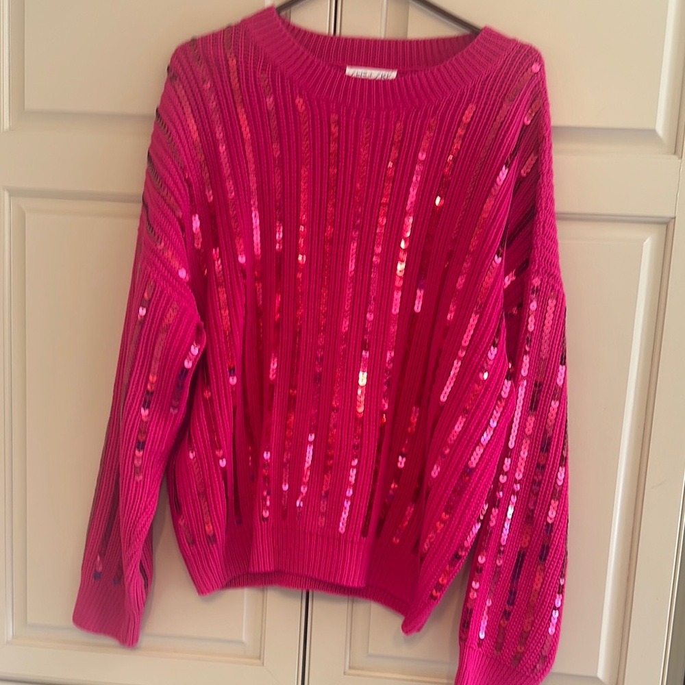 She + Sky Pink Crew Neck Sequin Sweater